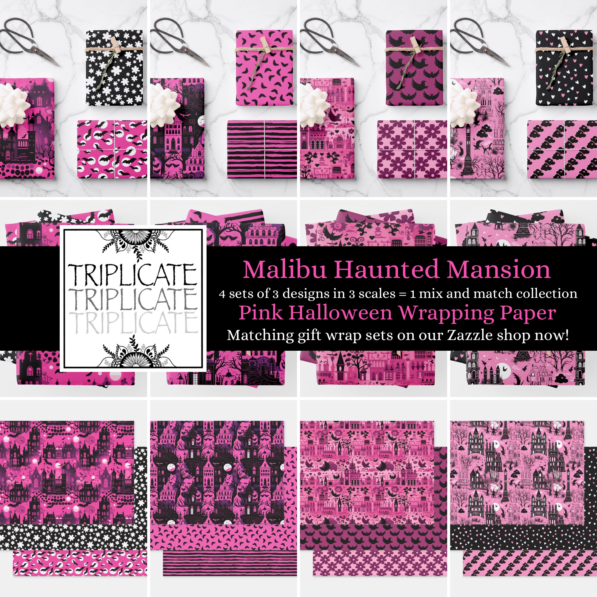 Malibu Haunted Mansion Pink Halloween Gift Wrap Collection