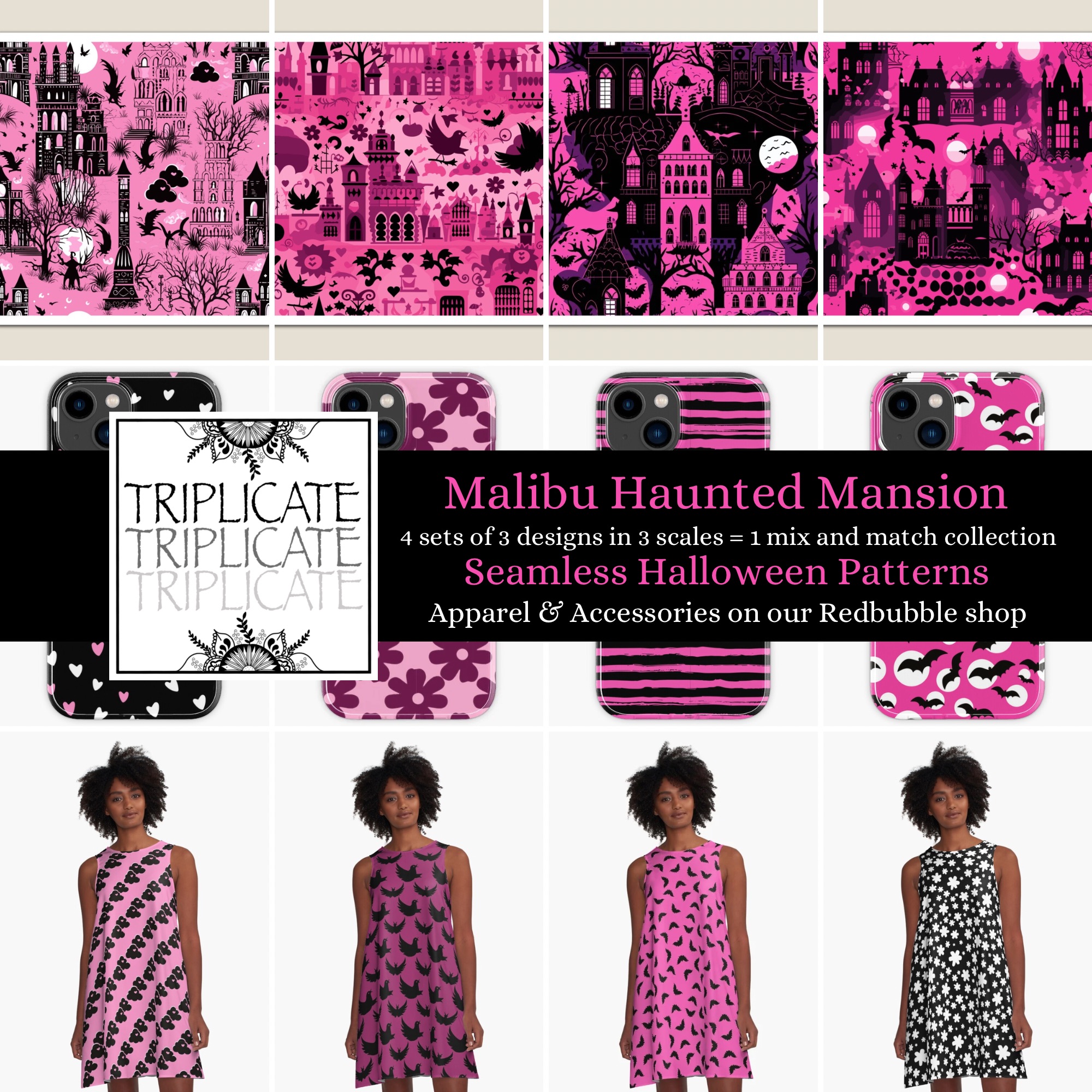 Pink Halloween Malibu Haunted Mansion Design Collection on our Redbubble shop