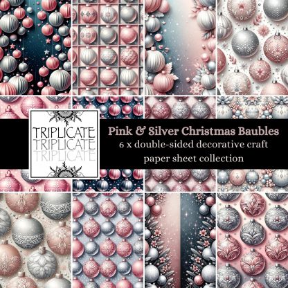 Pink and Silver Christmas Baubles Scrapbook Paper Sheets