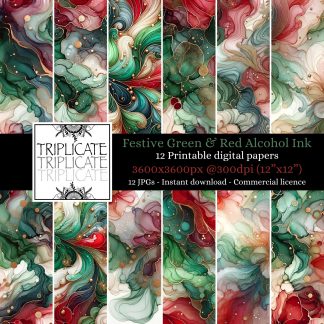 Festive Red & Green Alcohol Ink Digital Papers - Printable Papercraft Patterns