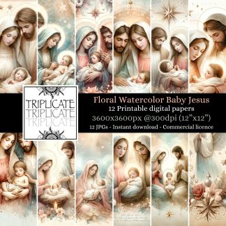 Floral Watercolor Baby Jesus Digital Papers - Printable Nativity Backgrounds