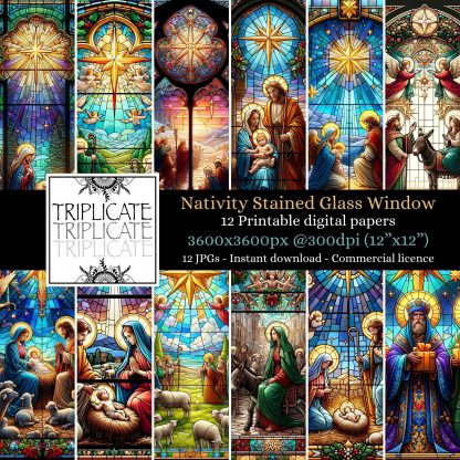 Nativity Stained Glass Window Digital Papers - Printable Papercraft Backgrounds