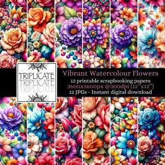 Vibrant Watercolor Flowers Printable Papers - Digital Papercraft Patterns