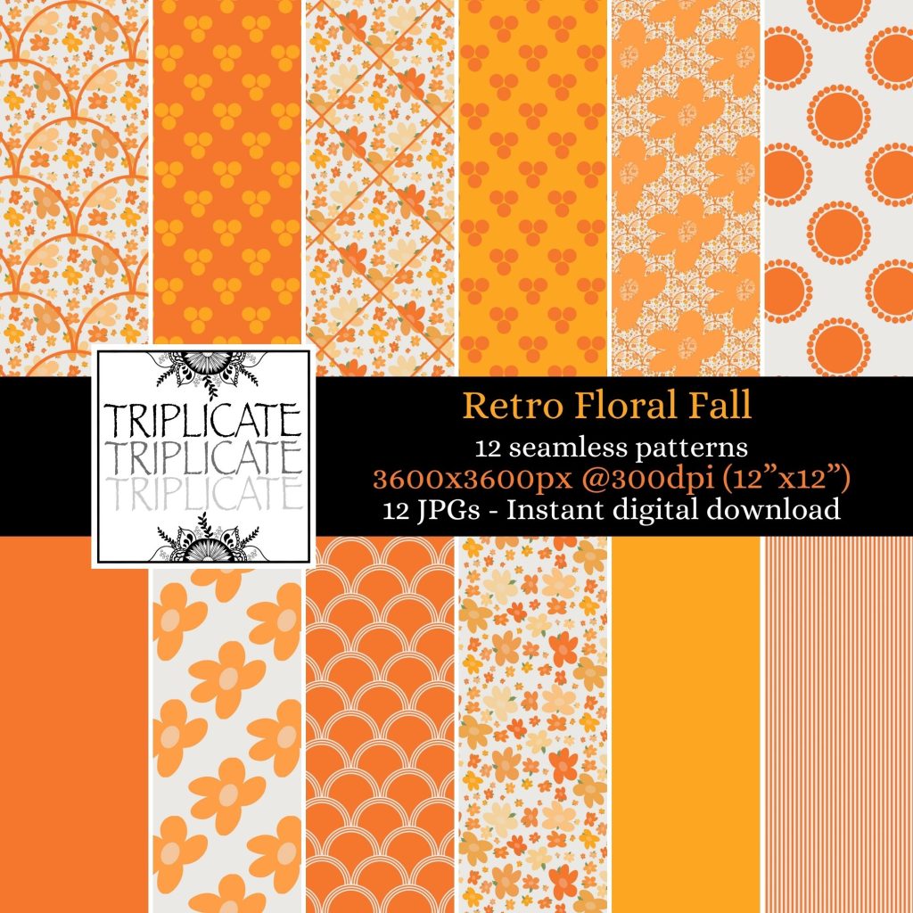 Retro Floral Fall Orange and Yellow Digital Paper