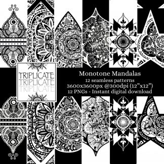 Monotone Mandalas Black and White Digital Papers - Printable Seamless Patterns