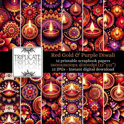 Red Gold and Purple Diwali Printable Papers - Digital Papercraft Patterns