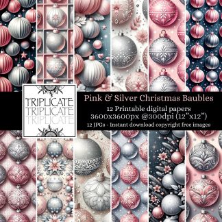 Pink and Silver Xmas Baubles Digital Papers
