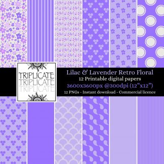 Lilac & Lavender Retro Florals Digital Papers - Purple Printable Seamless Patterns