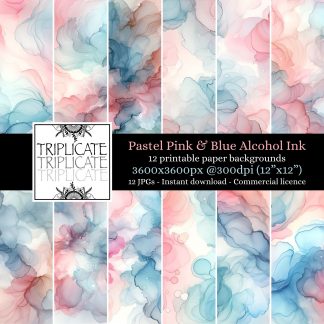 Pastel Pink & Blue Alcohol Ink Digital Papers - Printable Papercraft Background