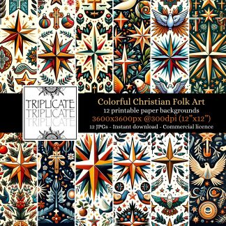 Colorful Christian Folk Art Digital Papers - Printable Papercraft Backgrounds