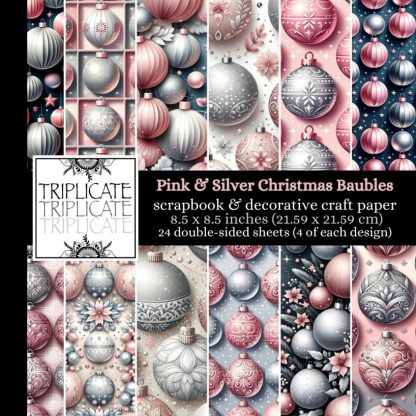 Pink and Silver Christmas Baubles Scrapbook and Decorative Craft Paper