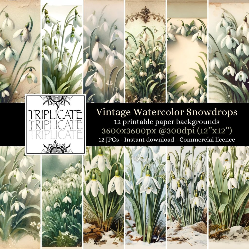 Vintage Watercolor Snowdrops Floral Junk Journal & Scrapbook Digital Decorative Craft Paper