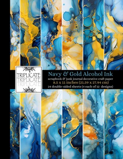 Navy Blue and Gold Alcohol Ink Scrapbook and Junk Journal Decorative Craft Paper