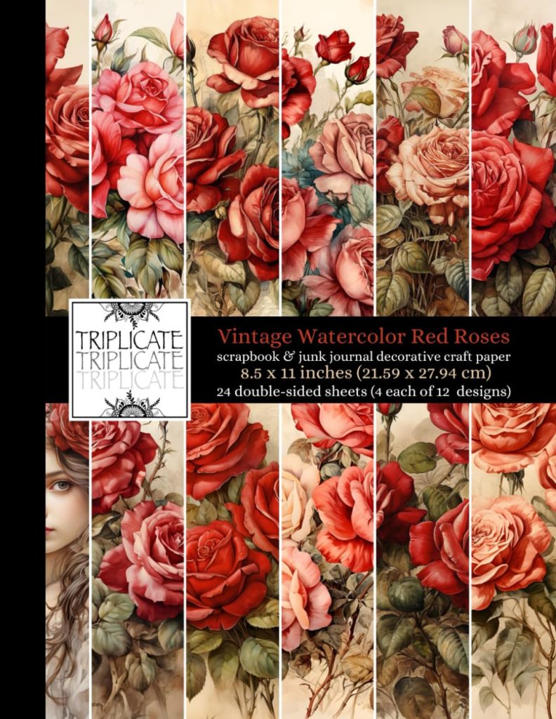 Vintage Watercolor Red Roses Scrapbook and Junk Journal Decorative Craft Paper