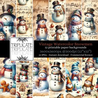Vintage Watercolor Snowmen Scrapbook & Junk Journal Digital Decorative Craft Paper