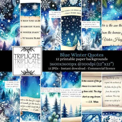 Winter Quotes Blue Scrapbook Paper - Junk Journal & Digital Decorative Craft Paper