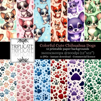 Colorful Cute Chihuahua Dogs Scrapbook Paper - Junk Journal & Digital Decorative Craft Paper