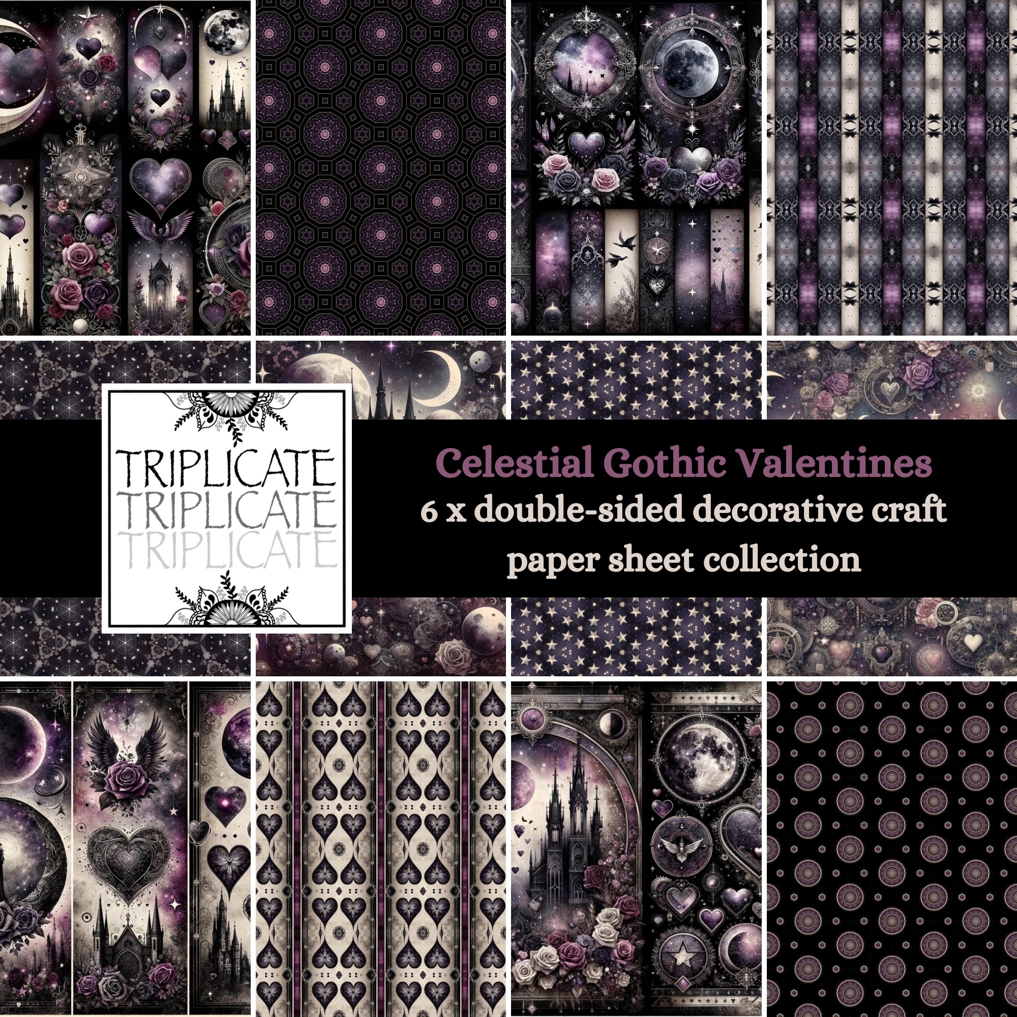 Celestial Gothic Valentine's Scrapbook Paper - Triplicate