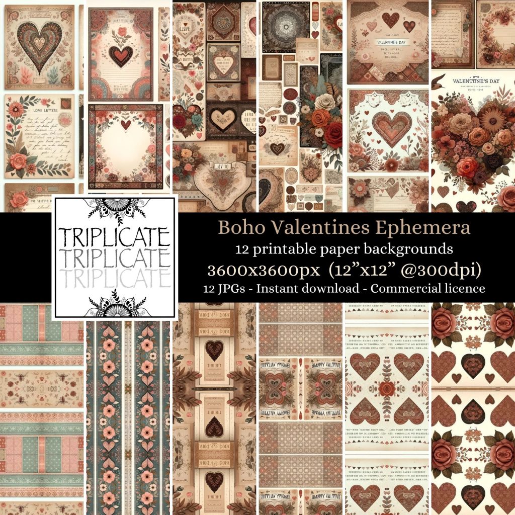 Boho Valentines Ephemera Junk Journal & Scrapbook Digital Decorative Craft Paper