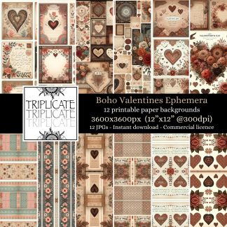 Boho Valentines Ephemera Junk Journal & Scrapbook Digital Decorative Craft Paper