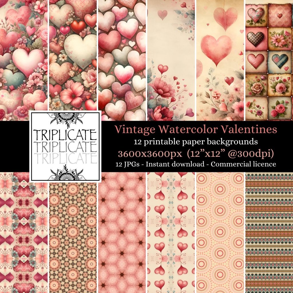 Vintage Watercolor Valentines Junk Journal & Scrapbook Digital Decorative Craft Paper