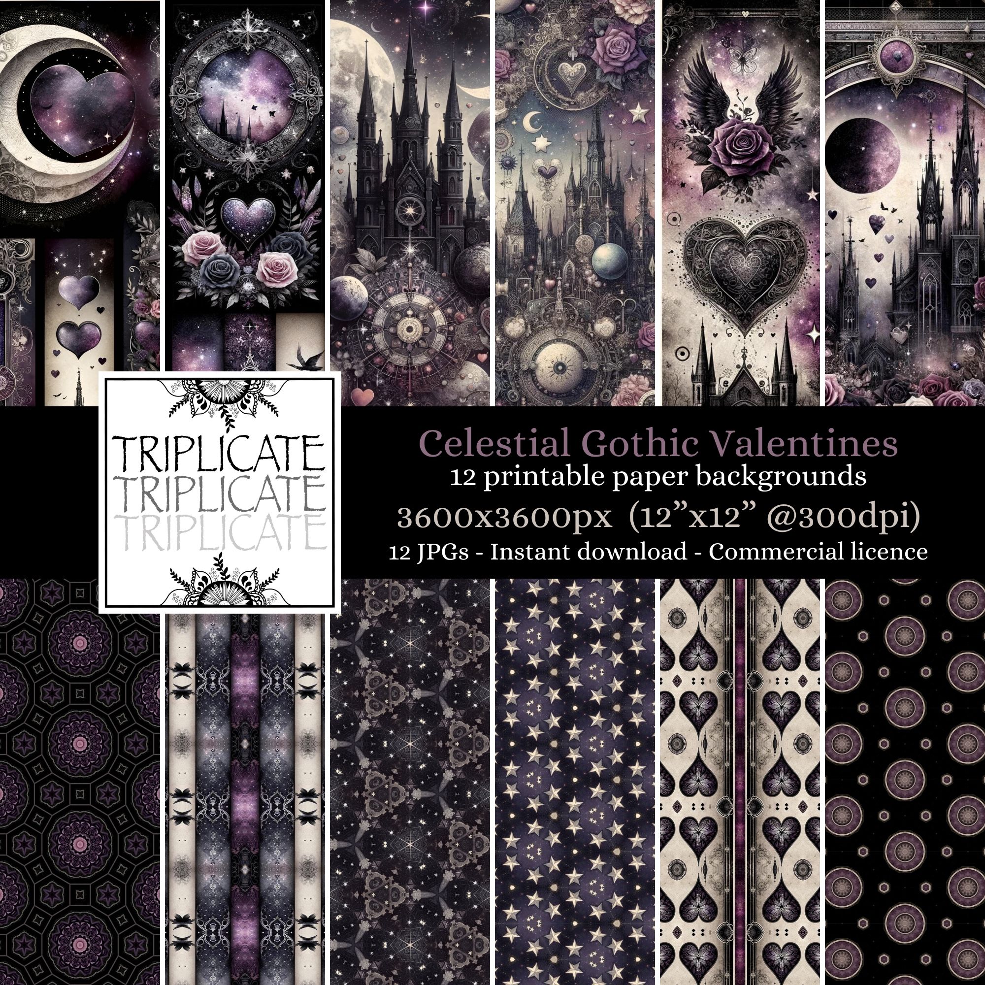 Celestial Gothic Valentine's Scrapbook Paper - Triplicate