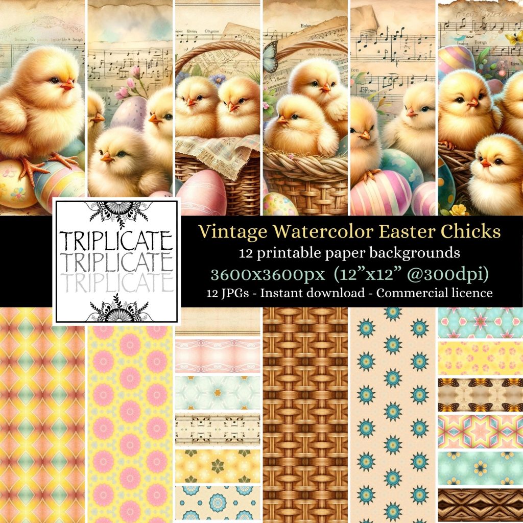 Vintage Watercolor Easter Chicks Junk Journal & Scrapbook Digital Decorative Craft Paper