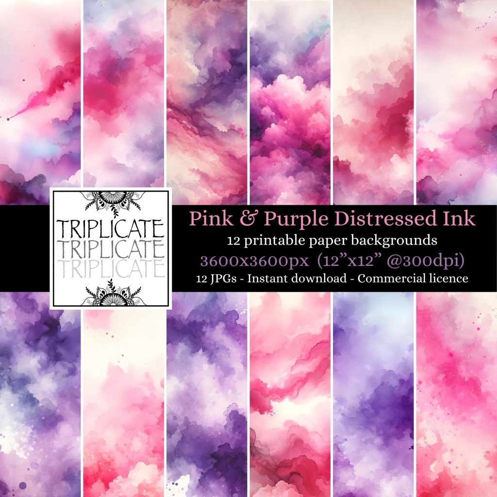 Pink and Purple Distressed Ink Backgrounds Junk Journal & Scrapbook Digital Decorative Craft Paper
