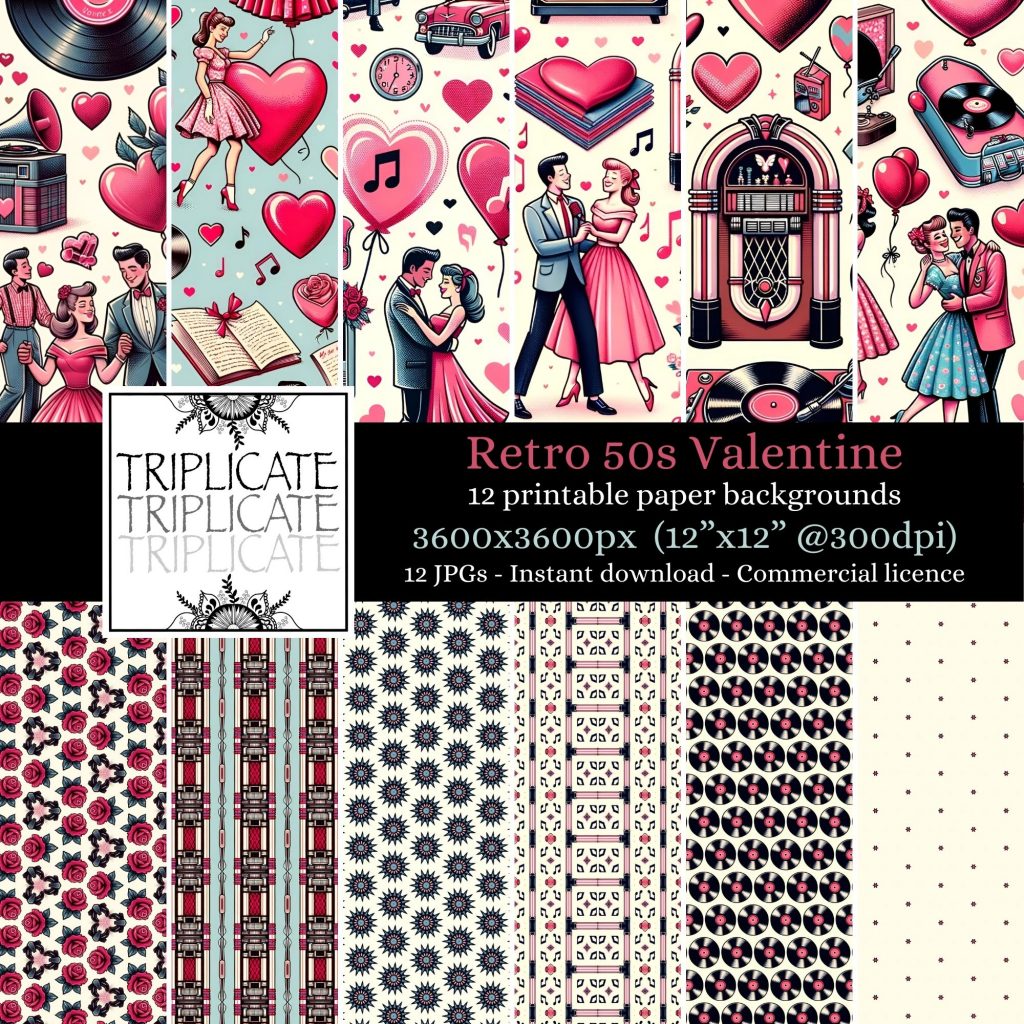 Retro 50s Valentine Junk Journal & Scrapbook Digital Decorative Craft Paper