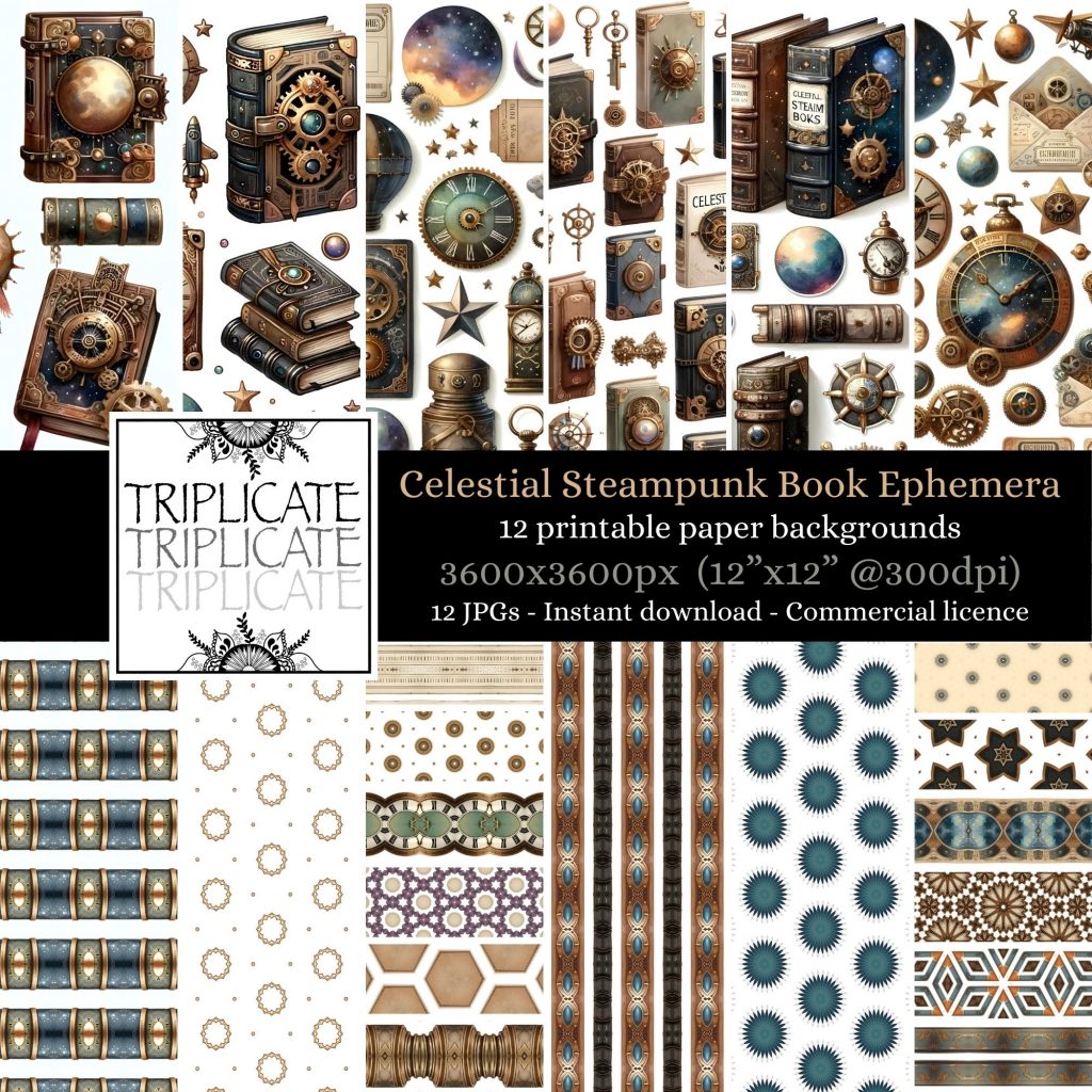 Celestial Steampunk Book Ephemera Junk Journal & Scrapbook Digital Decorative Craft Paper