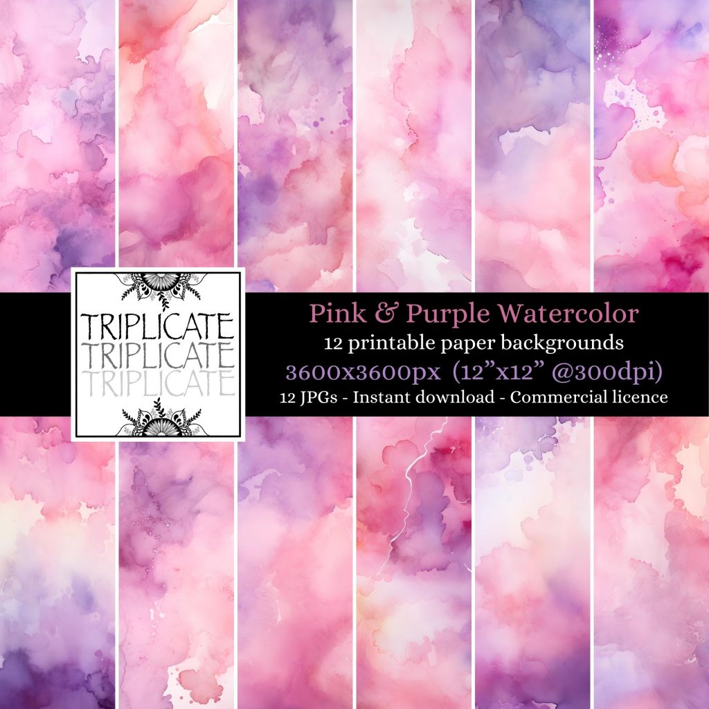 Pink and Purple Watercolor Junk Journal & Scrapbook Digital Decorative Craft Paper
