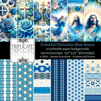 Colorful Christian Blue Roses Junk Journal & Scrapbook Digital Decorative Craft Paper