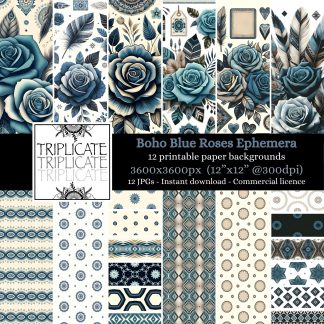 Boho Blue Roses Ephemera Junk Journal & Scrapbook Digital Decorative Craft Paper