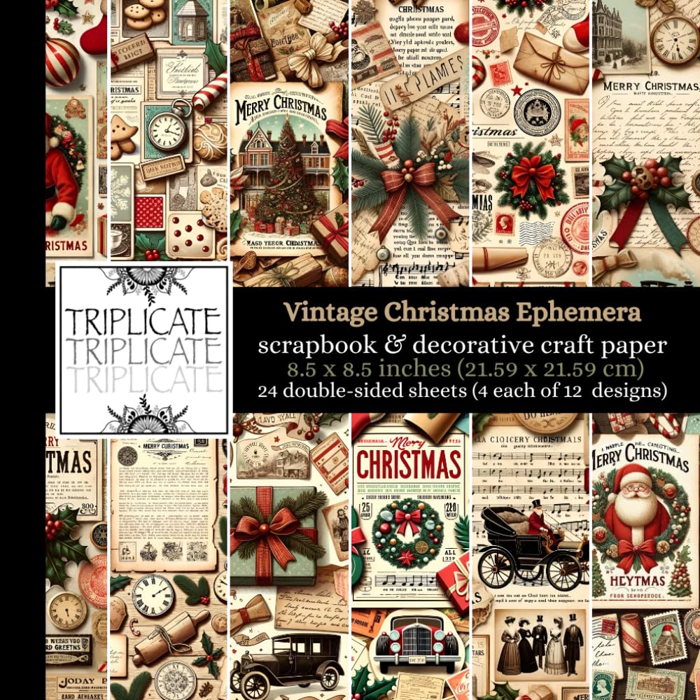 Vintage Christmas Ephemera Scrapbook and Decorative Craft Paper: 24 double-sided matte sheets of 8.5 x 8.5 inch 90gsm patterned paper