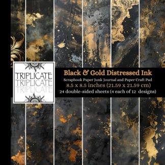 Black and Gold Distressed Ink Scrapbook Paper, Junk Journal and Paper Craft Pad: 24 double-sided matte pages of 8.5 x 8.5 inch 60lb (90gsm) decorative ... of 12 background designs (4 of each design)