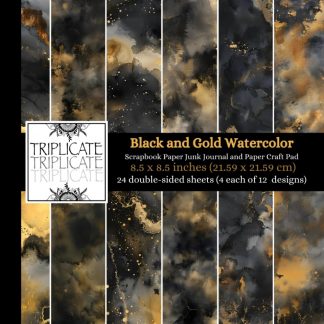 Black and Gold Watercolor Scrapbook Paper, Junk Journal and Paper Craft Pad: 24 double-sided matte pages of 8.5 x 8.5 inch 60lb (90gsm) decorative ... of 12 background designs (4 of each design)