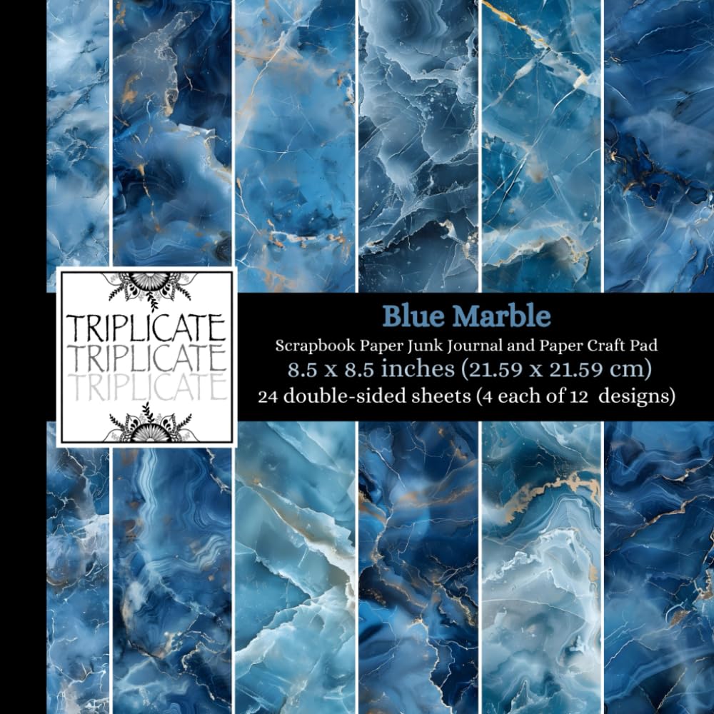 Blue Marble Scrapbook Paper Junk Journal and Paper Craft Pad: 24 double-sided matte pages of 8.5 x 8.5 inch 60lb (90gsm) decorative craft paper of 12 background texture designs (4 of each design)