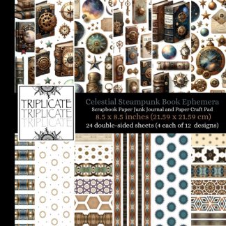 Celestial Steampunk Book Ephemera Scrapbook Paper Junk Journal and Paper Craft Pad: 24 double-sided matte pages of 8.5 x 8.5 inch 60lb (90gsm) ... 12 cut and collage designs (4 of each design)