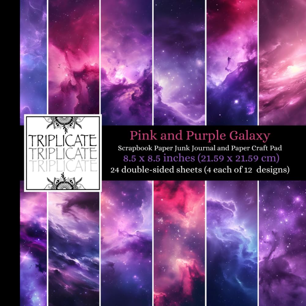 Pink and Purple Galaxy Scrapbook Paper Junk Journal and Paper Craft Pad: 24 double-sided matte pages of 8.5 x 8.5 inch 60lb (90gsm) decorative craft ... 12 background designs (4 of each design)