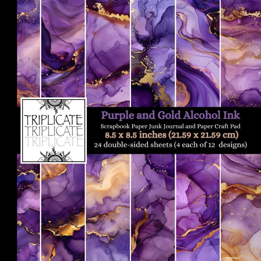 Purple and Gold Alcohol Ink Scrapbook Paper, Junk Journal and Paper Craft Pad: 24 double-sided matte pages of 8.5 x 8.5 inch 60lb (90gsm) decorative ... of 12 background designs (4 of each design)