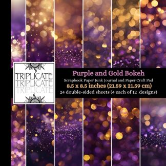 Purple and Gold Bokeh Scrapbook Paper, Junk Journal and Paper Craft Pad: 24 double-sided matte pages of 8.5 x 8.5 inch 60lb (90gsm) decorative craft paper of 12 background designs (4 of each design)
