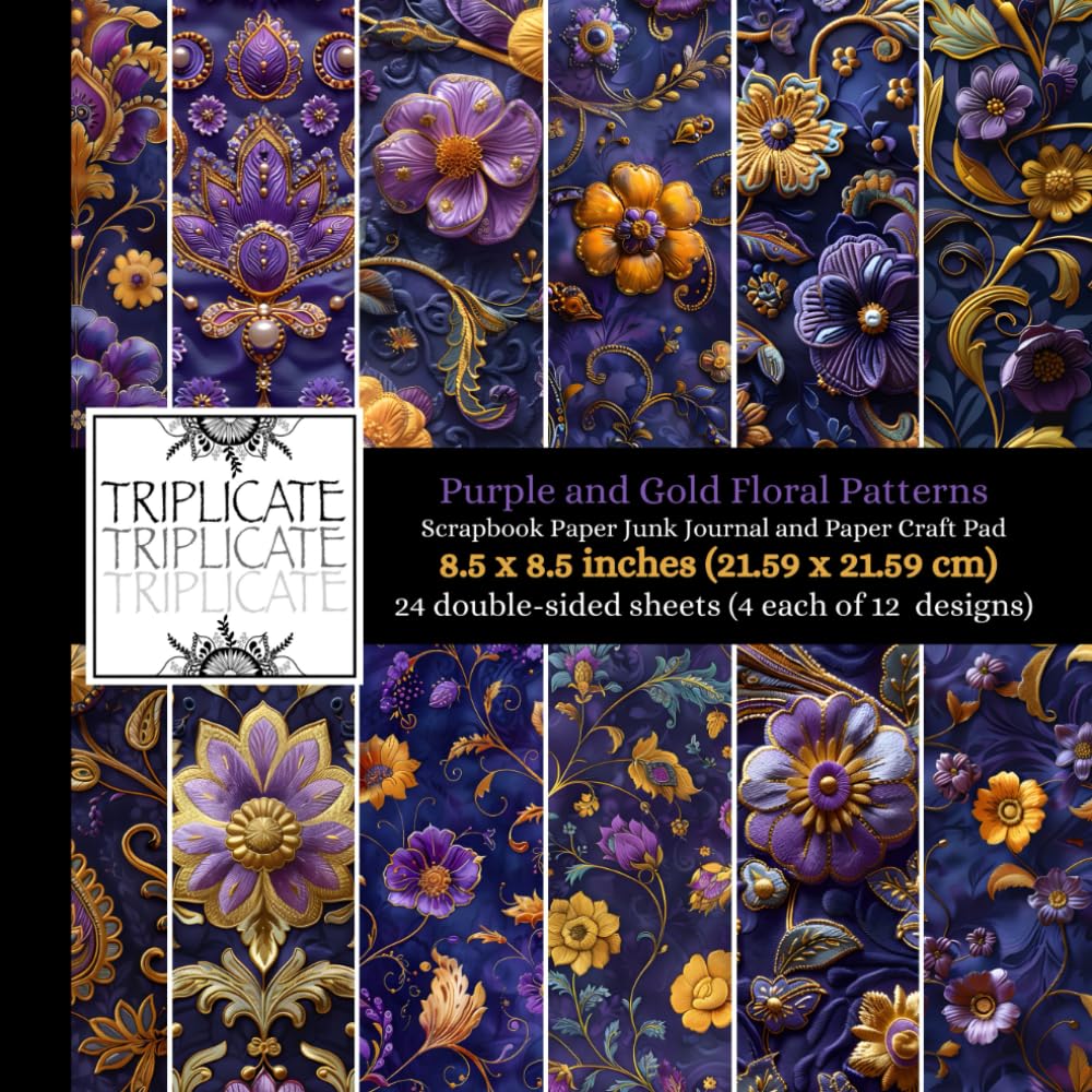 Purple and Gold Floral Patterns Scrapbook Paper, Junk Journal and Paper Craft Pad: 24 double-sided matte pages of 8.5 x 8.5 inch 60lb (90gsm) ... of 12 background designs (4 of each design)