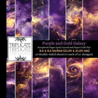 Purple and Gold Galaxy Scrapbook Paper, Junk Journal and Paper Craft Pad: 24 double-sided matte pages of 8.5 x 8.5 inch 60lb (90gsm) decorative craft paper of 12 background designs (4 of each design)