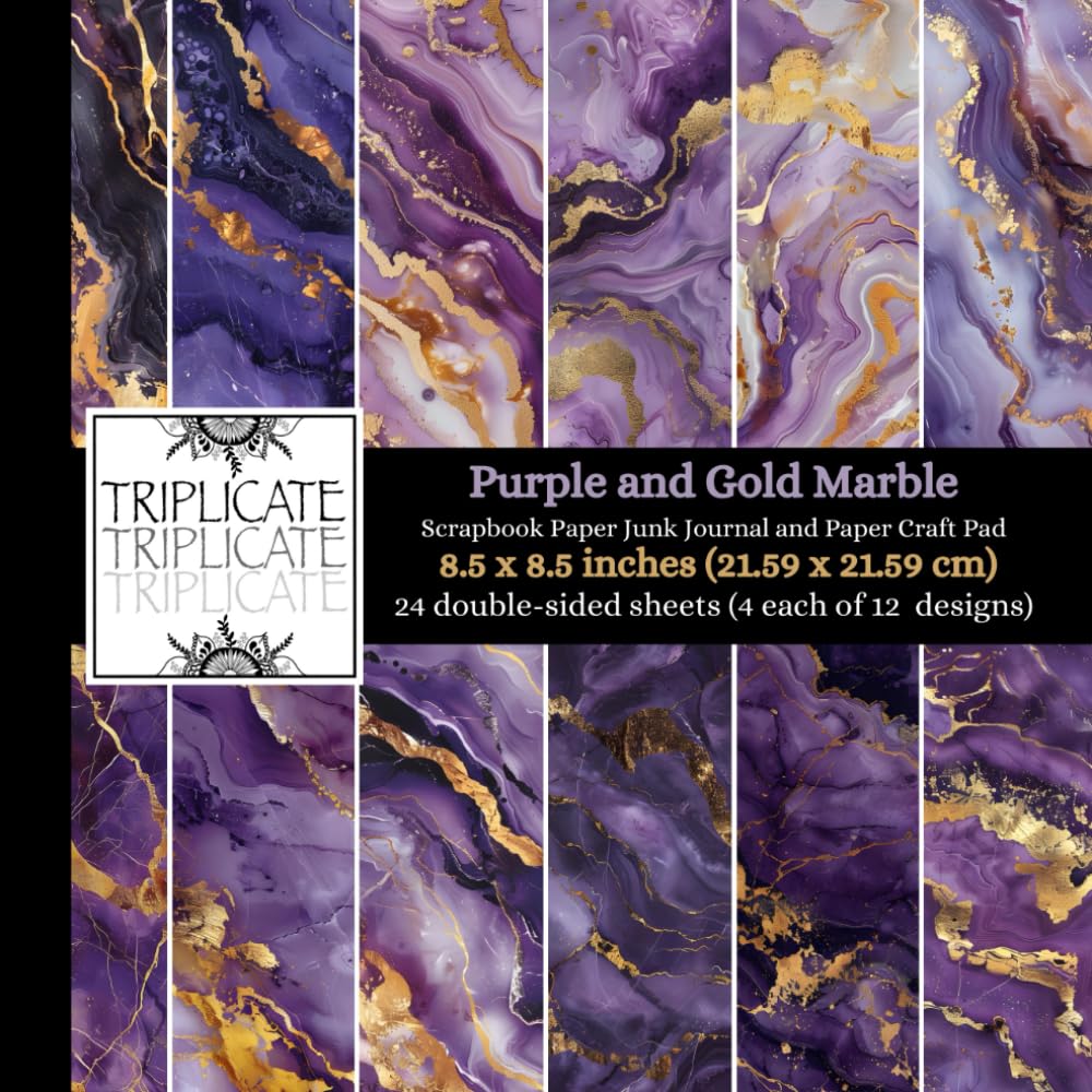 Purple and Gold Marble Scrapbook Paper, Junk Journal and Paper Craft Pad: 24 double-sided matte pages of 8.5 x 8.5 inch 60lb (90gsm) decorative craft paper of 12 background designs (4 of each design)