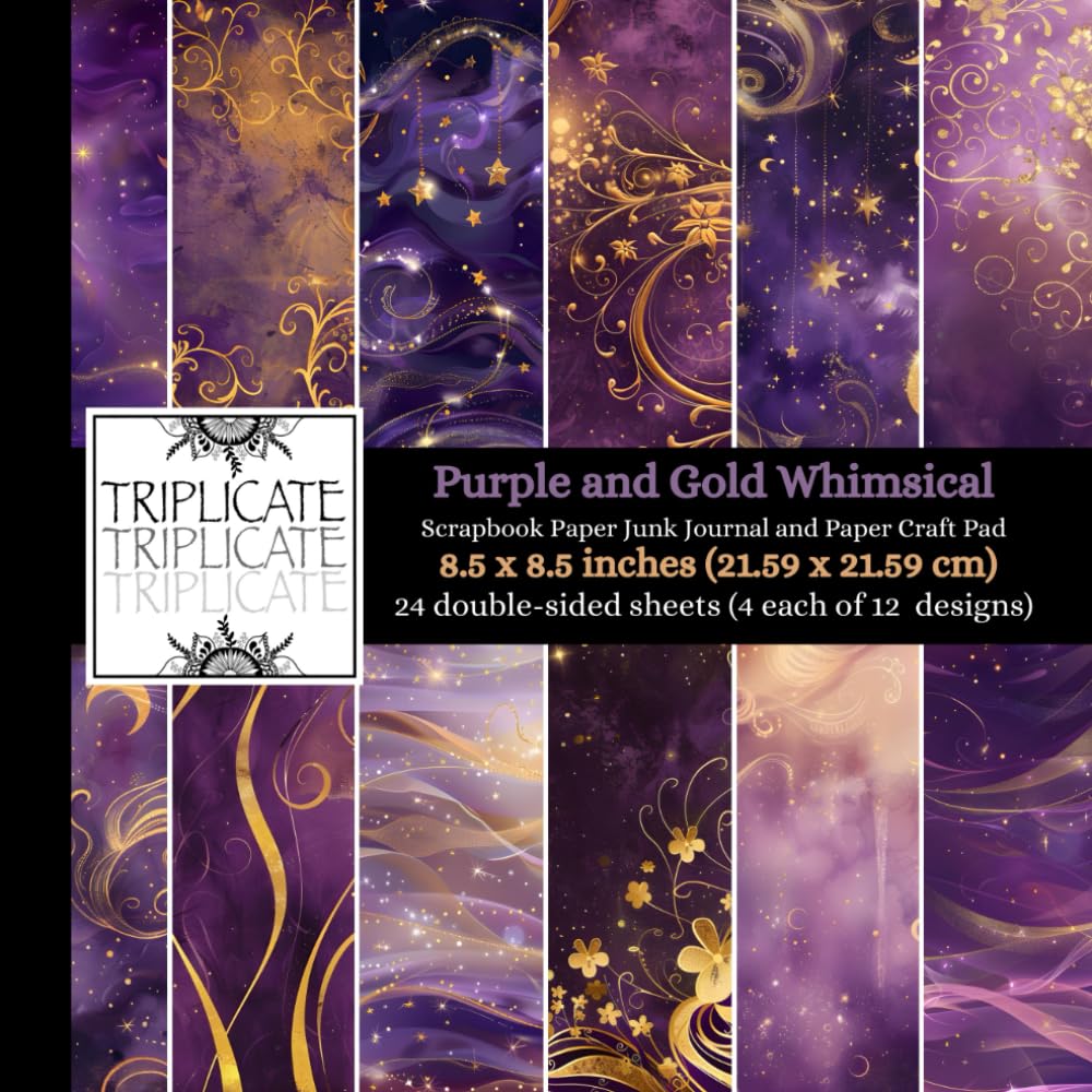 Purple and Gold Whimsical Scrapbook Paper, Junk Journal and Paper Craft Pad: 24 double-sided matte pages of 8.5 x 8.5 inch 60lb (90gsm) decorative ... of 12 background designs (4 of each design)