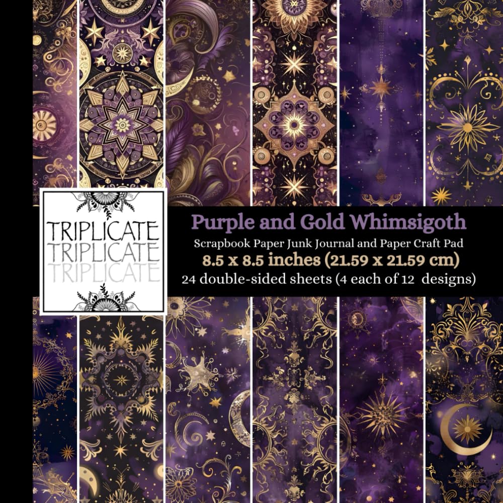 Purple and Gold Whimsigoth Scrapbook Paper, Junk Journal and Paper Craft Pad: 24 double-sided matte pages of 8.5 x 8.5 inch 60lb (90gsm) decorative ... of 12 background designs (4 of each design)