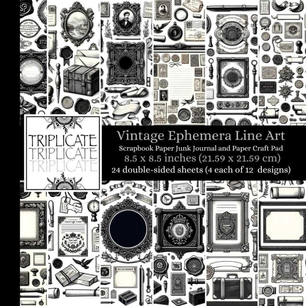 Vintage Ephemera Line Art Scrapbook Paper Junk Journal and Paper Craft Pad: 24 double-sided matte pages of 8.5 x 8.5 inch 60lb (90gsm) decorative ... 12 cut and collage designs (4 of each design)