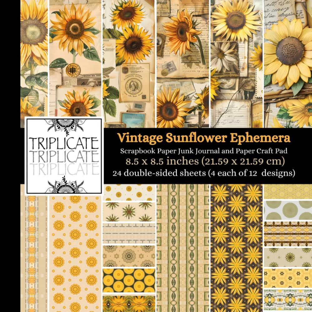 Vintage Sunflower Ephemera Scrapbook Paper, Junk Journal and Paper Craft Pad: 24 double-sided matte pages of 8.5 x 8.5 inch 60lb (90gsm) decorative ... of 12 background designs (4 of each design)