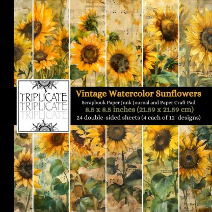 Vintage Watercolor Sunflowers Scrapbook Paper, Junk Journal and Paper Craft Pad: 24 double-sided matte pages of 8.5 x 8.5 inch 60lb (90gsm) decorative ... of 12 background designs (4 of each design)