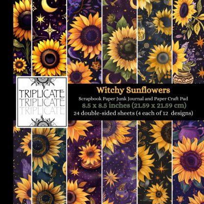 Witchy Sunflowers Scrapbook Paper, Junk Journal and Paper Craft Pad: 24 double-sided matte pages of 8.5 x 8.5 inch 60lb (90gsm) decorative craft paper of 12 background designs (4 of each design)